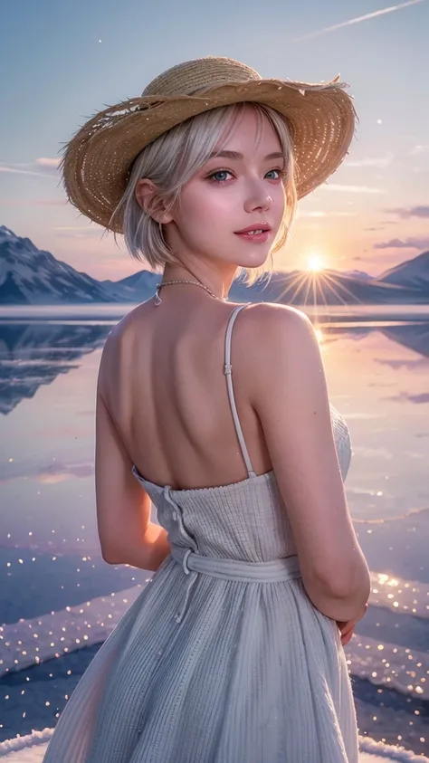 1 Girl, masterpiece,  extremely detailed, (Beautiful and delicate luster),  lens flare, White hair, Short hair, Fluttering , review, Back,  Smile,  blue eyes,  white dress,  medium chest ,  upper body, Long shot, straw hat, ((Uyuni Salt Flats)), sunrise, c...