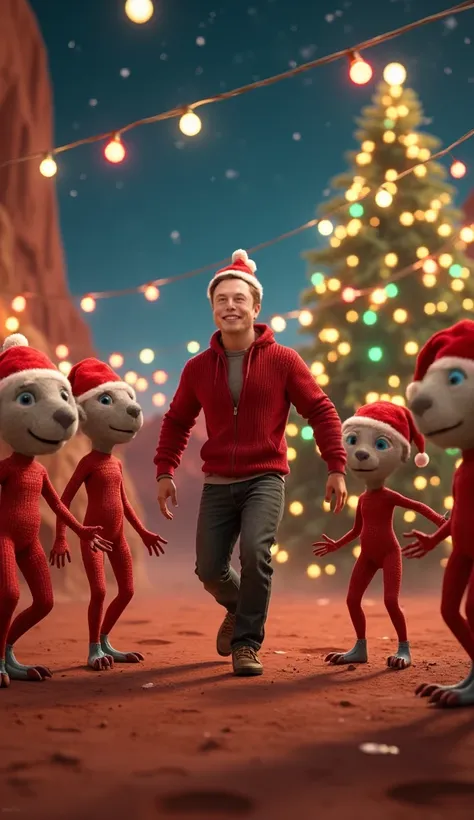 "Create an ultra-realistic image of Elon Musk on planet Mars, dancing joyfully with a group of friendly aliens. Elon is wearing a casual outfit with a red Christmas cap, smiling and enjoying the festive moment. The aliens surrounding him are uniquely desig...