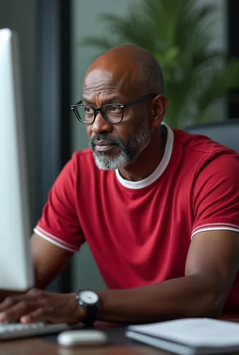 Un africain, tête rasée, sans barbe, sans moustache, âgé de la cinquantaine, assis derrière un bureau avec un ordinateur bureautique large de couleur blanche,il est dosé il porte un t-shirt rouge avec col, les bords des manches et du col sont blancs, il po...