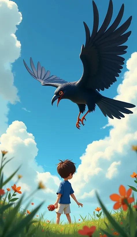 "The crow swoops down close to Anshu( a six-year-old boy .round face, short brown hair, and is wearing a blue shirt with white half-pants).its wings spread wide, looking fierce and menacing. Anshu steps back, his eyes wide with fright, and drops his toy on...