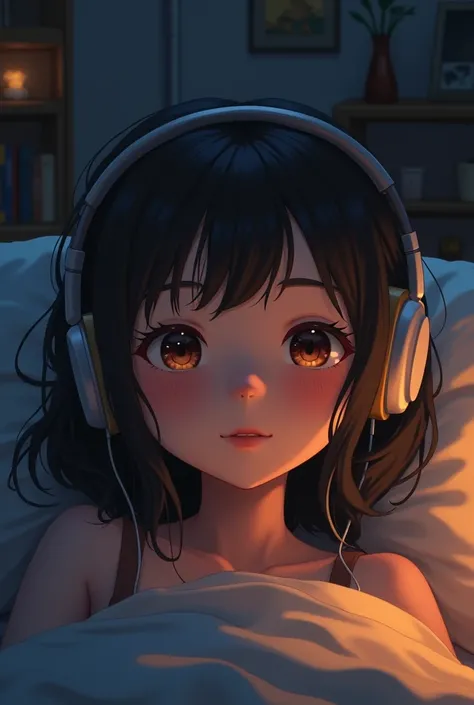 night、 girl listening to music in her cozy room using headphones,  close-up of the face of a , 2D-style animation, Lo-Fi,  high res, Dark Environment,Ghibli