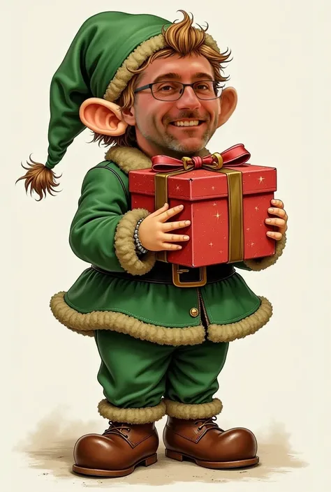 Plan large : 1 lutin de Noël , vêtue dun habit vert de lutin de Noël, il a un visage heureux. il lève cadeaux de Noël, en souriant. Style leyendeckeret, dans une tenue de lutin Noël dépoque , vêtements victoriens, bel art rétro – arrière-plan transparent