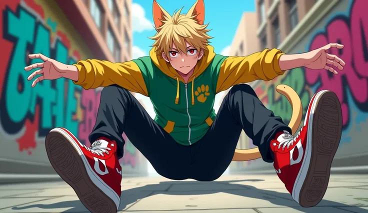 Epic anime art style, male character, blond hair, red eyes, pale skin, blond cat ears and tail, green and yellow hoodie, epic landing pose, red and white Jordan sneakers, black pants, streets background with colorful graffities around