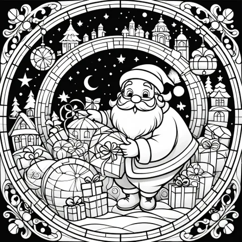 circle, simple line art, black and white, Stained glass design, without colored glass, composed only of lines, The theme is Santa Claus is busy delivering presents,