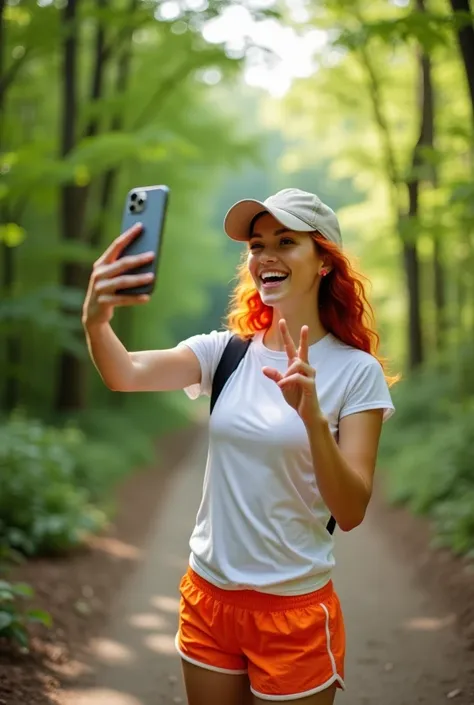 A young woman with vibrant red hair, styled in natural waves, is taking a selfie of herself in the middle of a forest. She is wearing a casual white t-shirt, orange shorts, and a light-colored cap, similar to a runners outfit. The forest trail is surrounde...