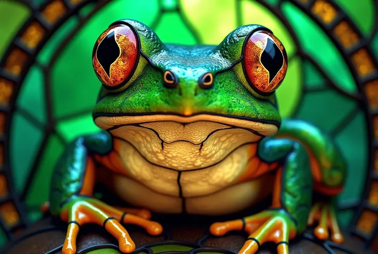 a close up of a  stained glass  picture of a Frog,  an elaborate painting inspired by Louis Comfort Tiffany on the theme of frogs,  trending at CGSociety , Art Nouveau,  stained glass  art,  stained glass  style, Frog perspective, portrait of a Frog, psych...