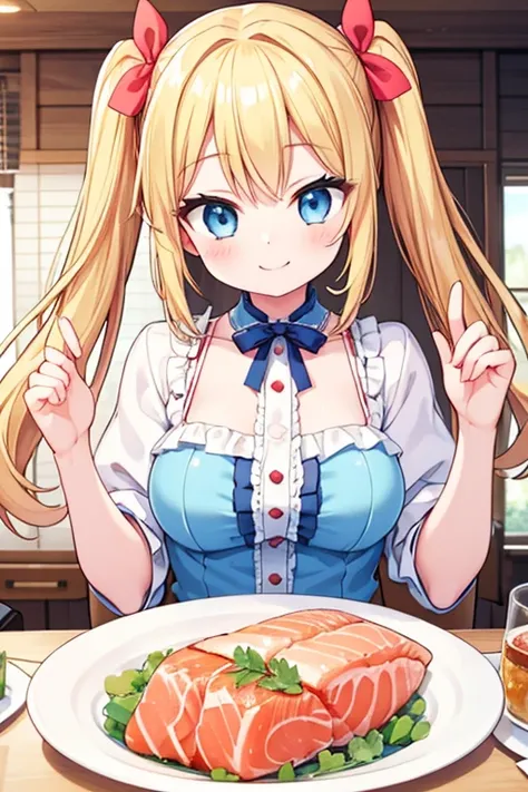 A happy smile,Large serving of  Salmon,large amount of Salmon,Highest quality,Blonde with blue eyes、Lolita、Small breasts、Twin tails、girl&#39;enjoy,smile,bonnet,