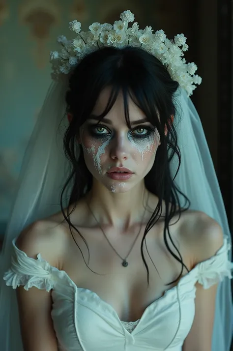  movie photo graph of white european girl covered in white moco ((( Cara Manchanda ))) (((  by Manchando )))((( wedding dress and veil stained ))) . photorealistic . .  white snot .  Raw European model . f/1.4 openings. 35 mm.  Wedding dress with veil . ne...