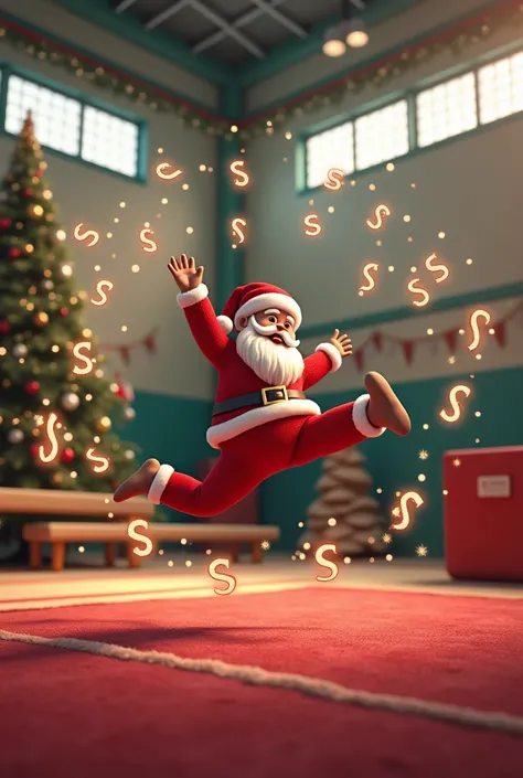 Santa Claus doing gymnastics with s doing around him, In a decorated Christmas gymnasium  