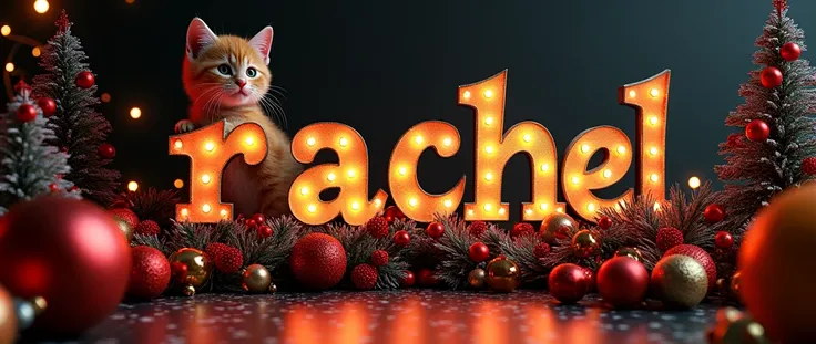 "Rachel Toxic" in gold letters  ,  Around Christmas decorations, christmas balls, tangerines, black background, neon, garland, small , fluffy kitten,  ginger cookie nearby, 