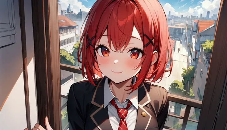  short hair, ( red hair:1.2), X Hair Ornament, Red Eyes, ties,  girl,One person,  collared shirt,  white shirt,  Long Sleeve ,  pleated skirt, student,  blazer、uniform、 top quality , masterpiece,  high res,chest、smile、highest quality, intricate details,noo...