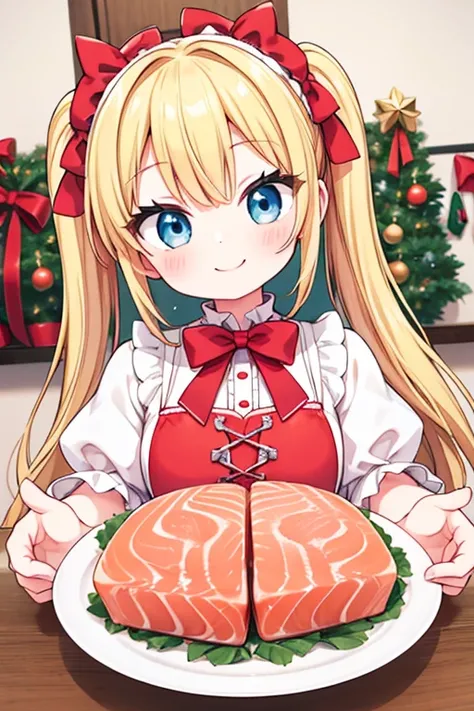 A happy smile,Large serving of  Salmon,large amount of Salmon,Highest quality,Blonde with blue eyes、Christmas Lolita、Small breasts、Twin tails、girl&#39;enjoy,smile,bonnet,Christmas,