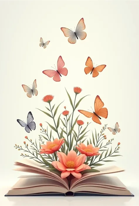 Floral motifs rising from an open book with butterflies above it, no background, clean lines