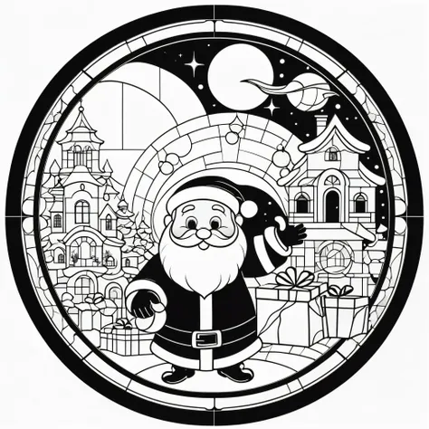 circle, simple line art, black and white, Stained glass design, without colored glass, composed only of lines, The theme is Santa Claus is busy delivering presents,