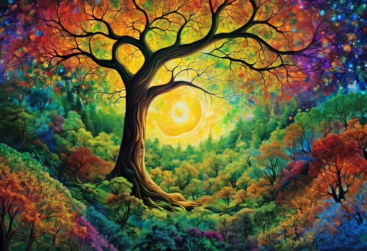  Ultra fine detail painting by Picture of a forest on a colorful background, Leo Getz  ,  trending on pixabay , Metaphysical Painting, Space Tree of life,   sparkling stained glass background ,  Tree of Life Seed of Doubt, Tree of Life, The tree of life in...