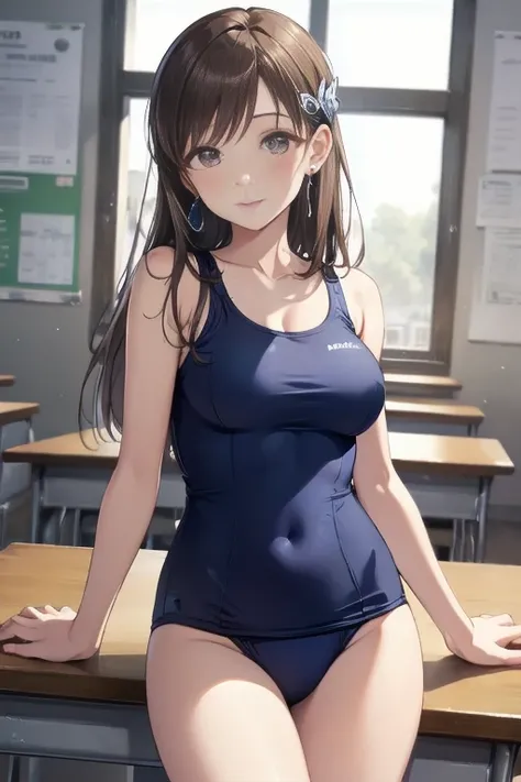  High Quality 、最 High Quality 、Complete limbs、Ultra high definition、Sparkling Eyes、 Full Finger 、 slender beauty 、 Group of 3 、Wearing school swimsuit、 glowing skin,classroom,  long hair,  hair accessory as Kamui ,  medium breasts,  earrings for women with...