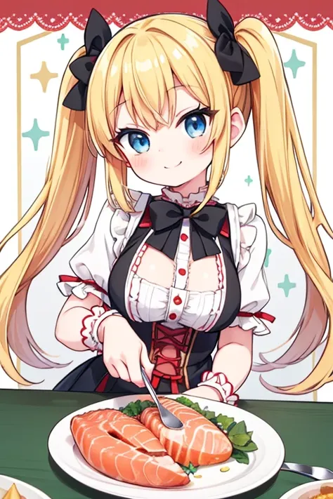 A happy smile,Large serving of  Salmon,large amount of Salmon,Highest quality,Blonde with blue eyes、Christmas Lolita、Small breasts、Twin tails、girl&#39;enjoy,smile,bonnet,Christmas,