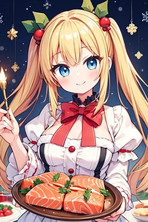 A happy smile,Large serving of  Salmon,large amount of Salmon,Highest quality,Blonde with blue eyes、Christmas Lolita、Small breasts、Twin tails、girl&#39;enjoy,smile,bonnet,Christmas,