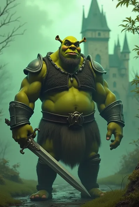  A fantastic hybrid combining a muscular Shrek with noble features, helmet beard , including an elegant face ,  wearing light armor and holding a sword in one hand .  The background features a castle shrouded in green mist ,  creating a magical and cinemat...