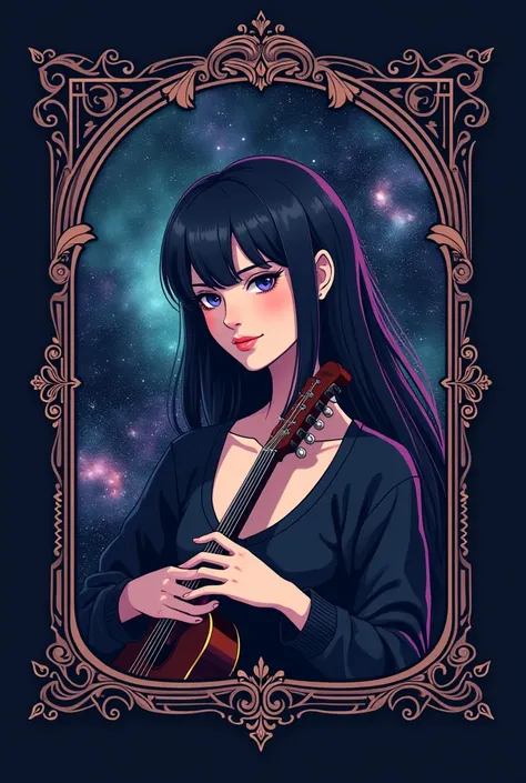 The shop logo of a dark-haired female character holding a fret in a frame with stars surrounded by a galaxy background named Player chill shop is below in pixels.