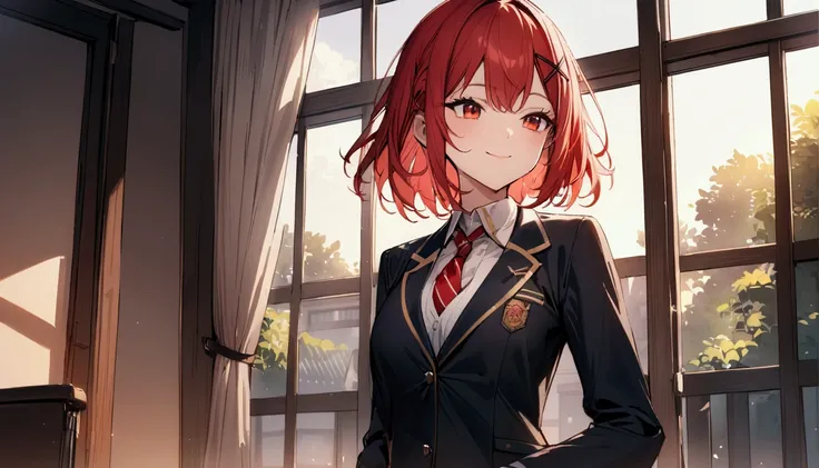  short hair, ( red hair:1.2), X Hair Ornament, Red Eyes, ties,  girl,One person,  collared shirt,  white shirt,  Long Sleeve ,  pleated skirt, student,  blazer、uniform、 top quality , masterpiece,  high res,chest、smile、highest quality, intricate details,mor...