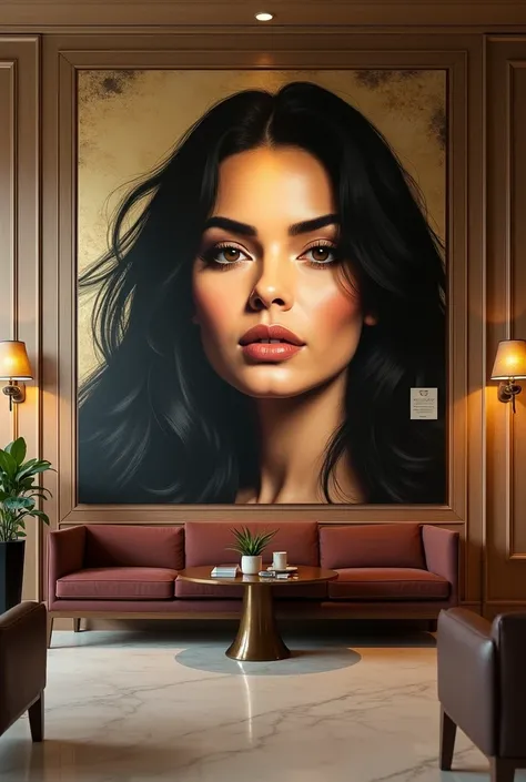 A piece of the head of a beautiful long-haired latina woman hangs with a plaque on the wall of the hotel lobby room as a unique decoration