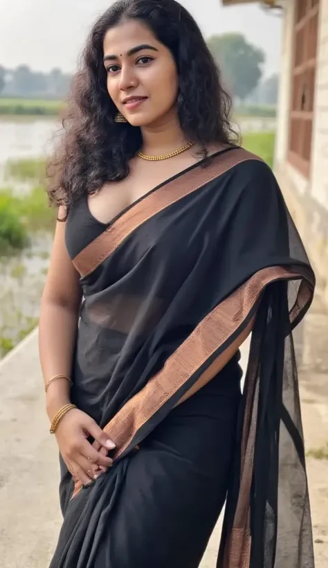 Showing deep cleavage of Kerala mallu Female is with fair Indian skin tone and black long hair.chubby body figure. Huge breast.showing big cleavage  and wearing black trasparent saree and sleeveless black blouse  shows big cleavage  in home bedroom.Full si...