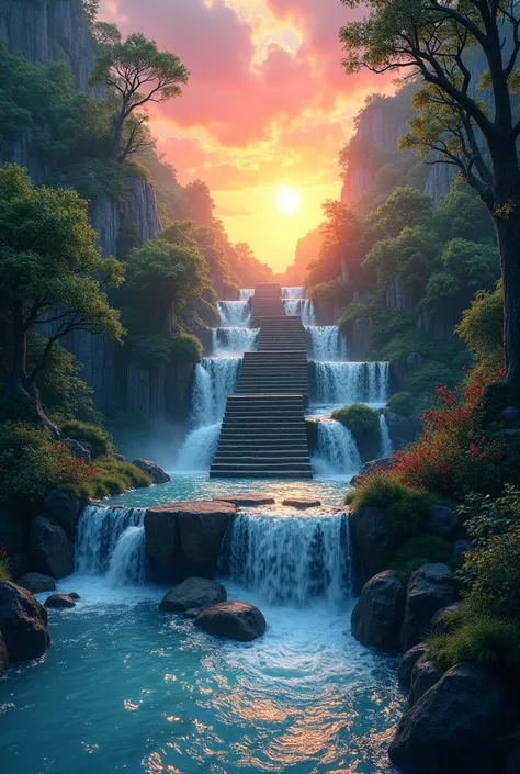 A pov of the image above as if im going down the waterfall staircase with a view of green and a sunset but brighter