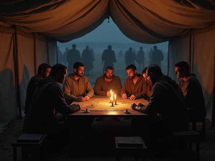 A secret meeting between Macrinus and conspirators in a Roman tent at night.