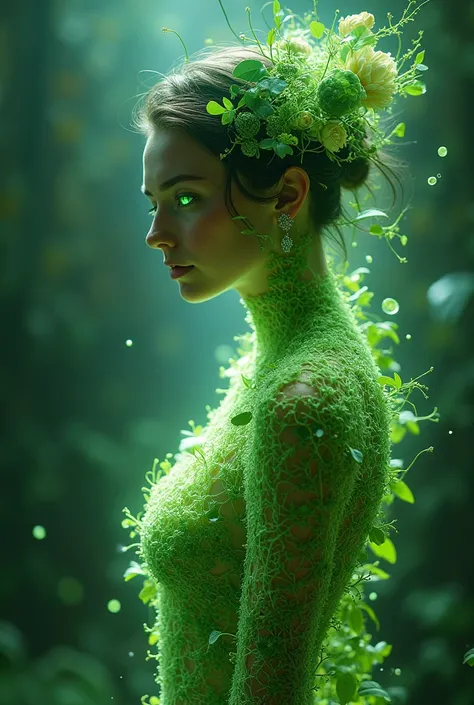 ( 1 girl:1.3)，People made of plants ，Green，Fluorescence，concept，hell_Miss， Correct anatomy，fantasy， anatomically correct ， Take a break from the sun , reverberation, Experimental Photography, Surreal contrasts,  eye-catching visual effects, Artistic Abstra...