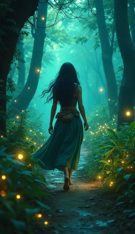 "Zara walks along a winding forest path surrounded by bioluminescent plants glowing in shades of green and blue. The air shimmers with floating motes of light, and faint, magical whispers seem to swirl around her. Zara’s flute is tucked into her belt, her ...