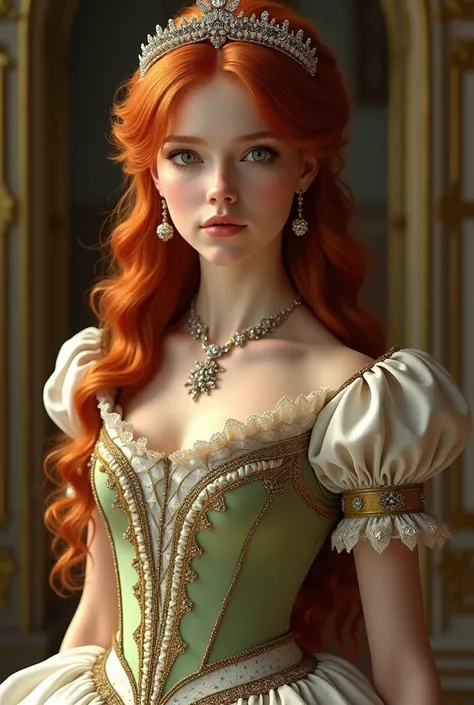 Create pictures for me of a girl with red hair wearing a formal costume 