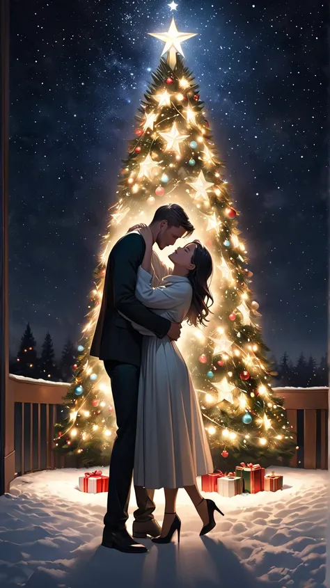       ultra-realism      , Shadows of a couple hugging each other under the starry sky Christmas tree one man