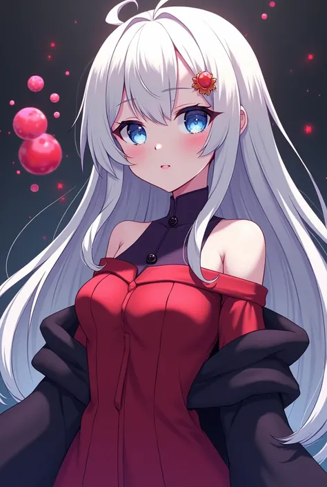 anime style , girl with long white hair , deep blue eyes , pale skin , in a red off-shoulder dress with long neck in dark purple and fabric black loose around her arms in asiatic style, ink little spirit behind her