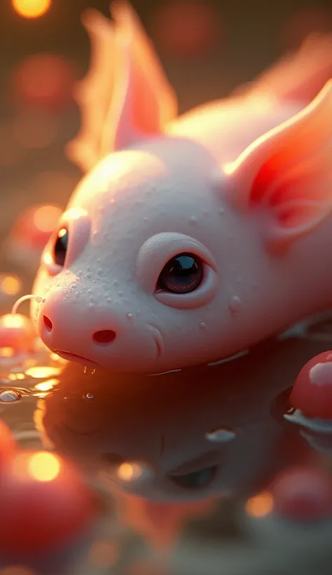 A mesmerizing close-up portrait of a beautiful hyper realistic axolotl illuminated by the soft golden light of a quiet morning,  with vibrant bokeh balls gently framing her delicate shape .