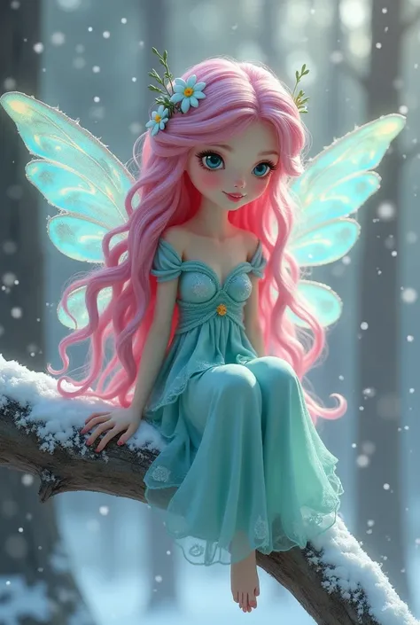 A fairy-like figure with vibrant pink hair and blue wings, wearing a light teal dress, sits on a branch covered in snow. The background is softly blurred but suggests a wintry forest setting.