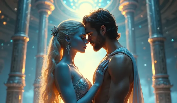 "Create a hyper-realistic and emotionally evocative scene depicting a human and an alien princess sharing a tender moment in the heart of a celestial palace. The alien princess is a vision of ethereal beauty, her sapphire-blue skin shimmering like starligh...