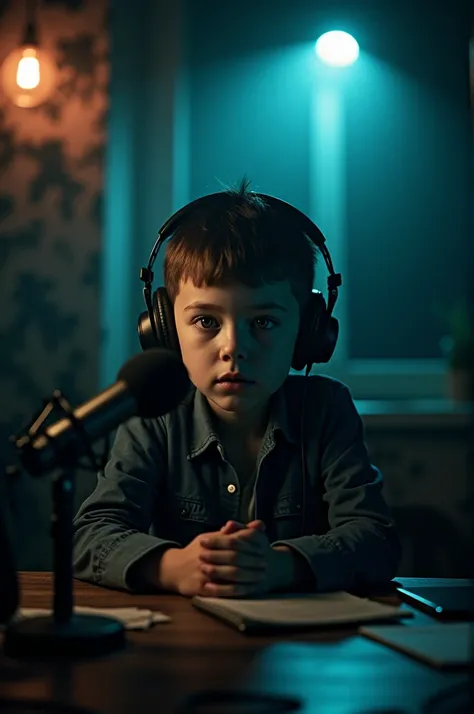 I want a image of one scary horror younger boy telling story in podcast setup in night background room shows about my channel name as TJ STORY TELLER HORROR MYSTERIOUS CHANNEL front view 