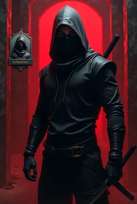 black and red background. ninja photo in the middle, ninja sticker in the upper left corner, ECLIPSE written on the sticker. ninjas sword visible and EclipSensei written on metal engraving.