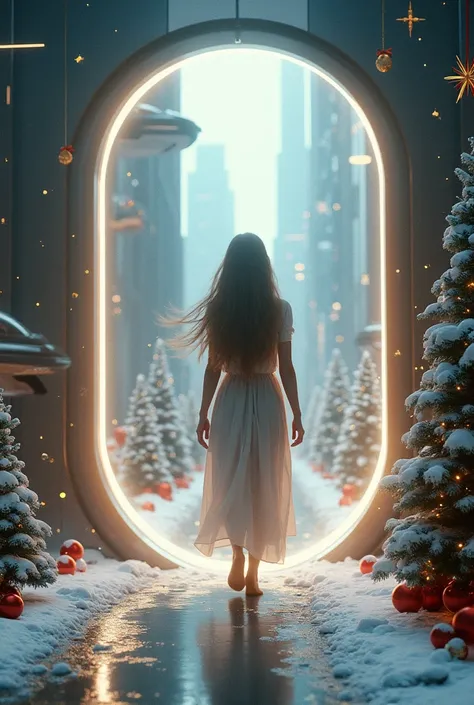 The long-haired woman, breaking through the dimensional door, is coming to a future that is hosting Christmas in 50 years from now. 