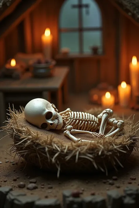  Christmas crib with the skeleton of a sleeping baby,  hyperrealism ultra-detailed realistic full 4k  