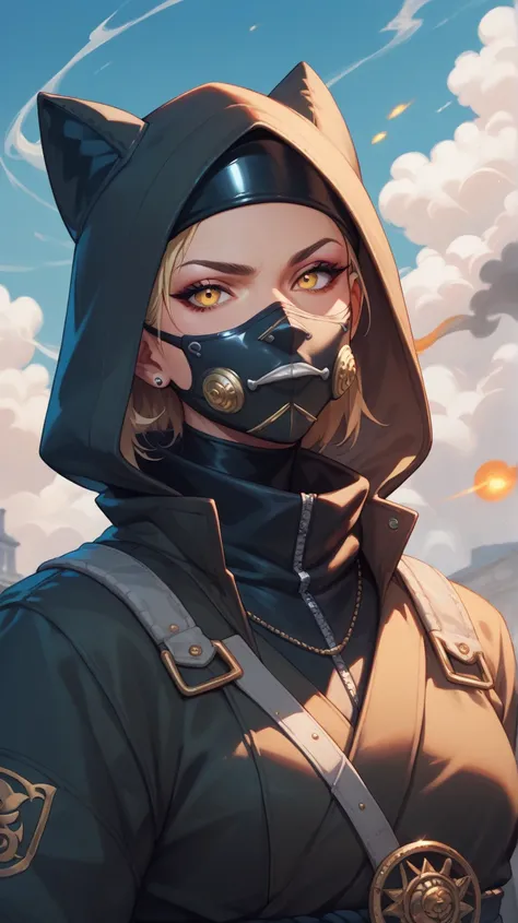 through the cloud of smoke, a ninja head with amber-yellow eyes appears with a hood on his head ,  A large cloud of smoke exhales through the dragon mask on his face that fades into the background and forms a ring of smoke