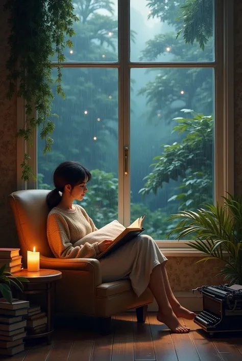 The image depicts a cozy scene of a woman sitting indoors by a large window on a rainy day. She is reading a book, wearing a warm beige sweater, and holding a pillow on her lap. The atmosphere is serene, with soft lighting and a candle on a table beside he...