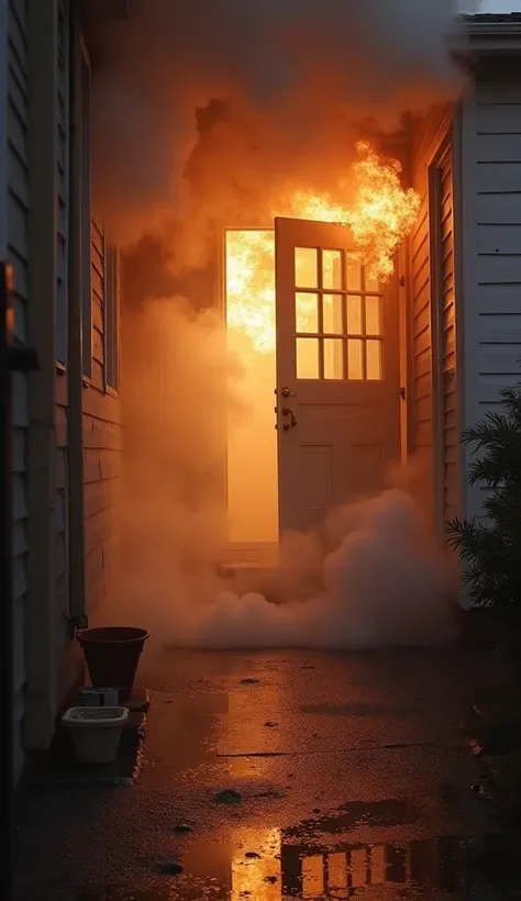 Smoke from the fire is coming through the door of the front door of the house. A wet towel is blocking a gap in the door. Im turning on the water in the bathroom.