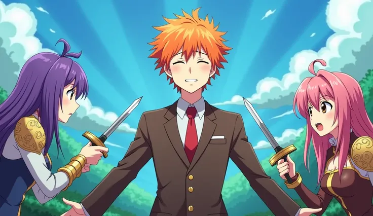 Image is an anime-style Image is a vibrant, featuring three characters in a dynamic scene. The central figure is a young male with orange hair, wearing a brown suit with a red tie and a white shirt. He appears distressed, with his eyes closed and arms outs...