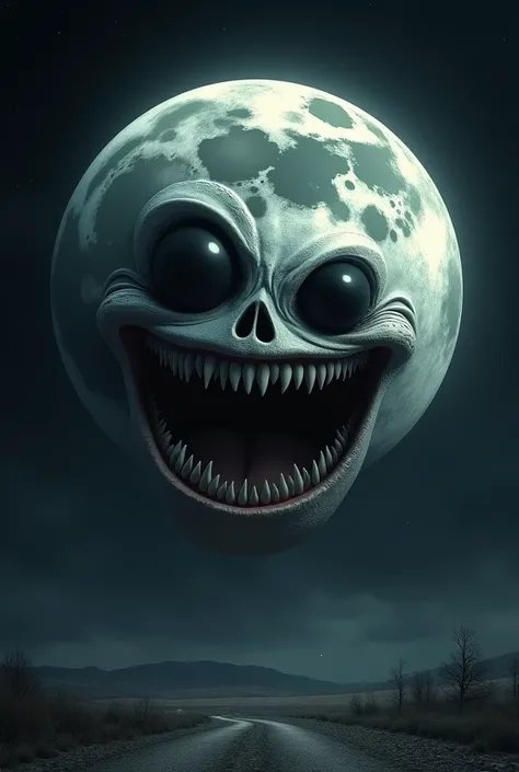 A big white moon in the black sky, with a pair of big black eyes, the left eye is black and a big mouth is baring teeth