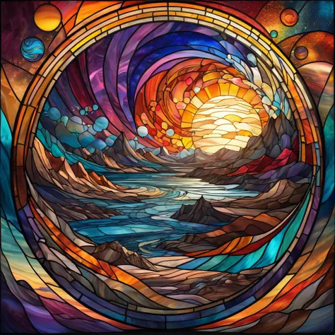 a wonderful sunset on a strange and mysterious planet in stained glass style with large colored pieces around us and as they get longer they get smaller in the background. Embossed and detailed, like a whirlwind around us, getting longer and smaller with d...