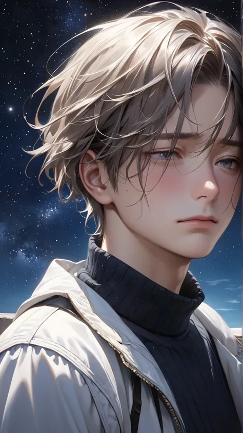   ultra-realism  , One person looking at the starry sky with a sad face 男子