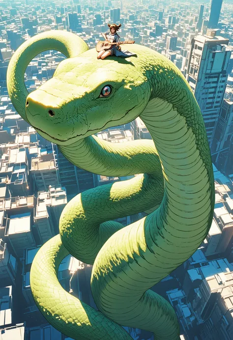 A giant snake bigger than a building and a girl playing guitar on the head of a large snake、Big Snake、Twintail girl、 Long Shot 、 angle looking up from below、 highest image quality taken by Ki、 Masterpiece、