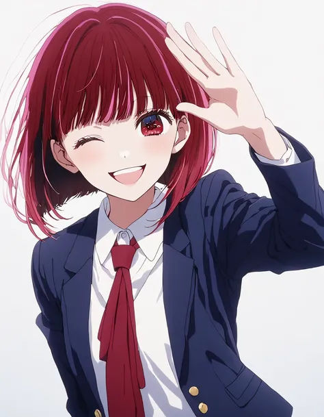  top quality 、Arima Kana、 girl、 red hair、 bob cut、Red eyes、White porcelain skin 、 top quality 、 school uniform、 navy blue blazer、 red ribbon tie、 close one eye 、 winks、 smiles、 raise your right hand、Bend your right elbow、salute